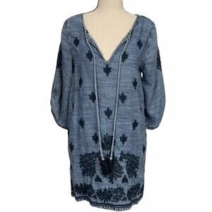 Tolani Chambray/Denim Embroidered Tunic/Dress Tie Neck Tassels Size XS